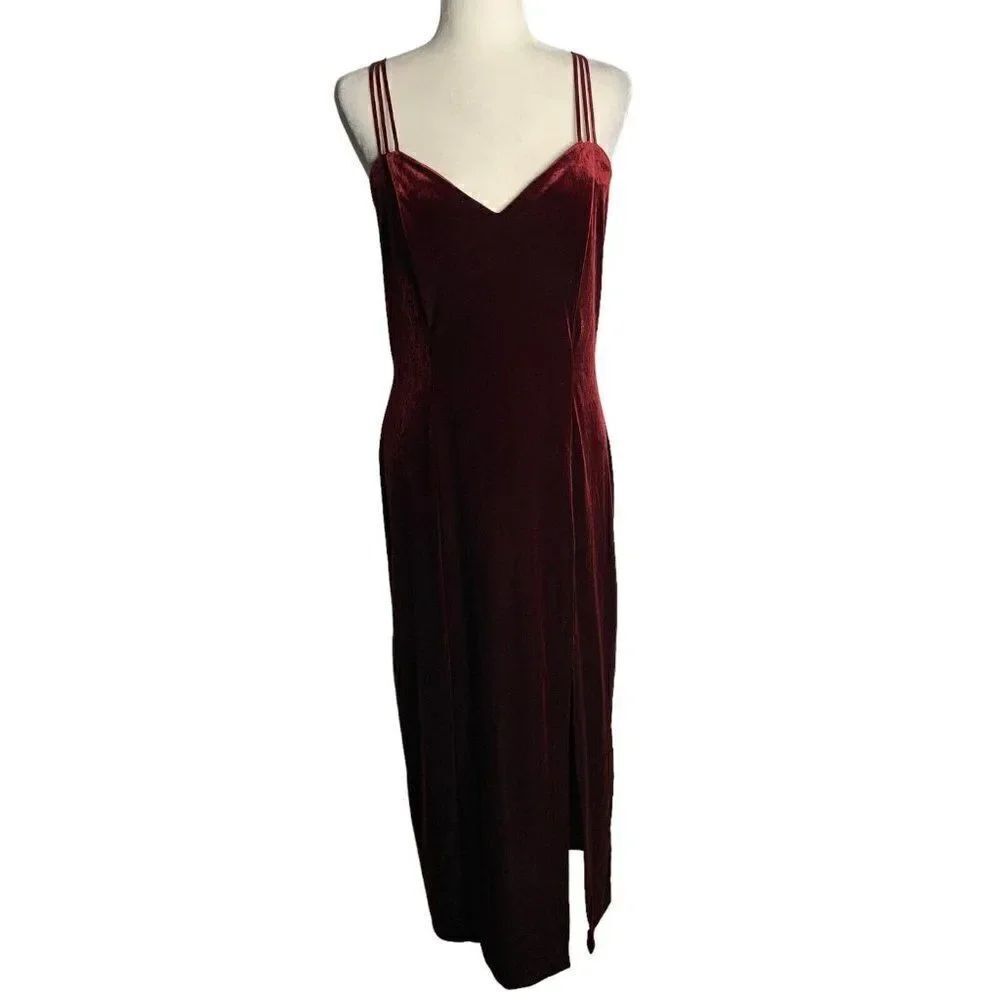 Vintage 80s Velvet Wiggle Maxi Dress XL Red Sweetheart Spaghetti Strap Boning